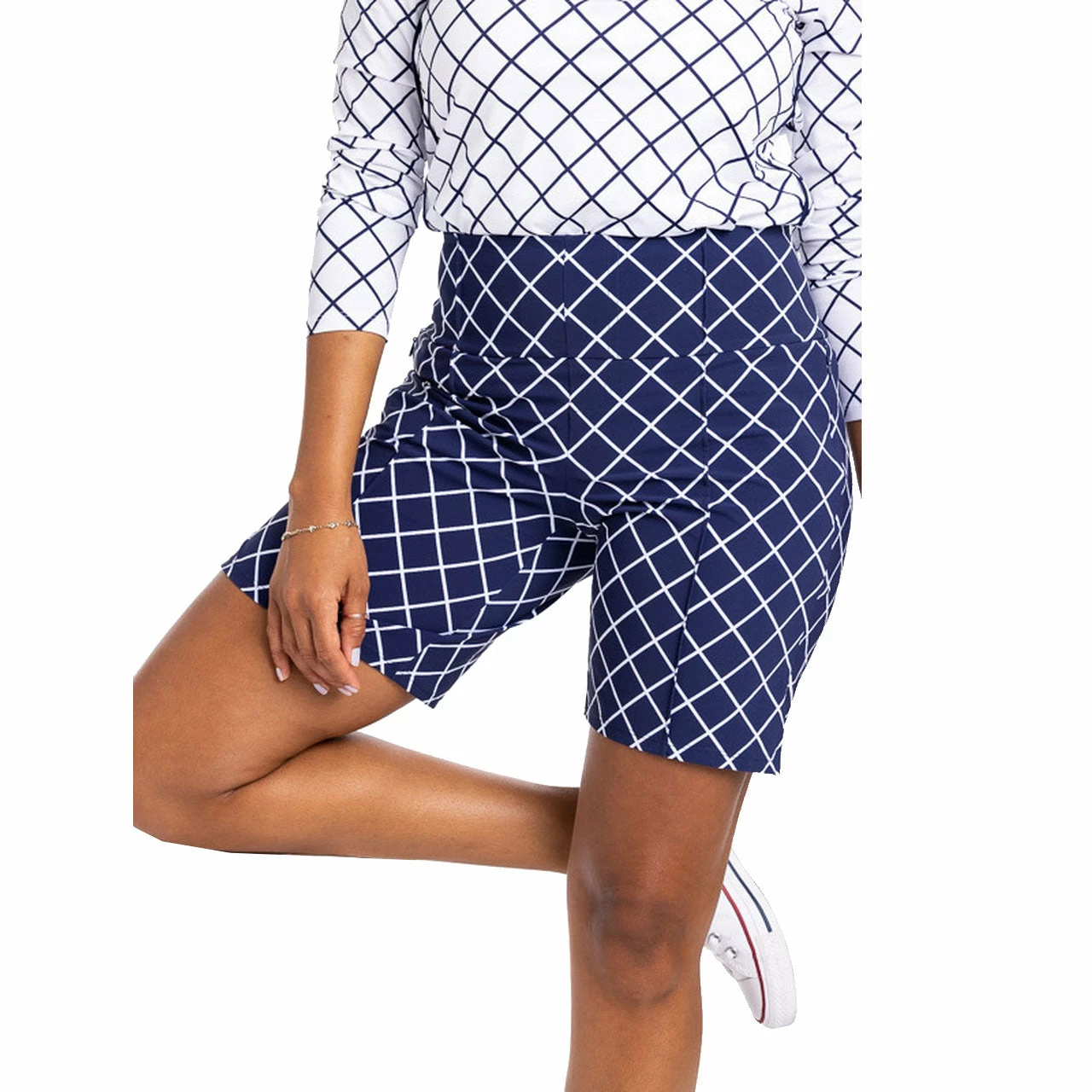 Kinona Tailored N Trim Printed Lattice Navy 8in Women Golf Shorts